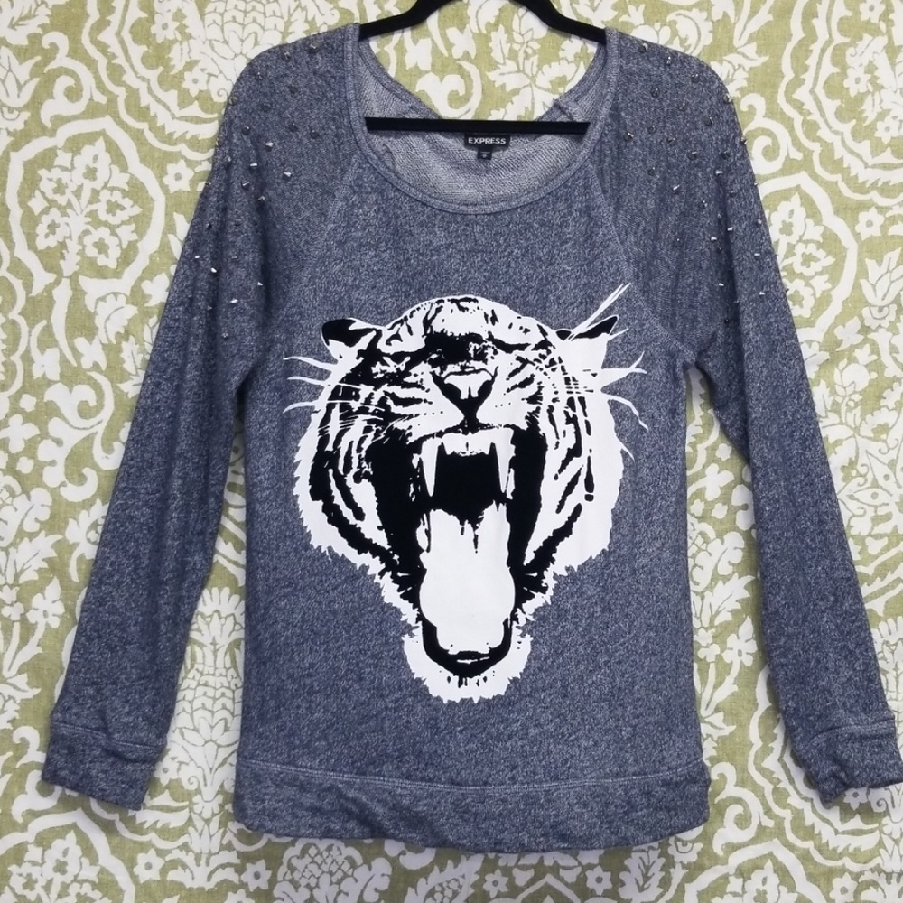 Express Tiger Sweater Spike Shoulders Sz M Grey